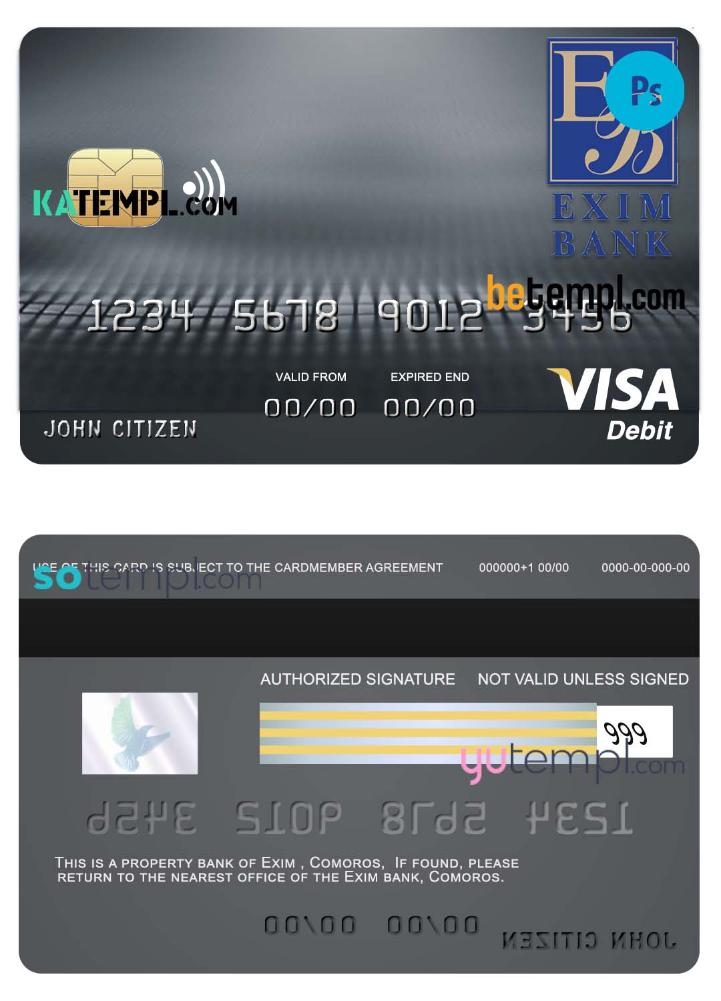 Comoros Exim bank visa debit card template in PSD format, fully editable